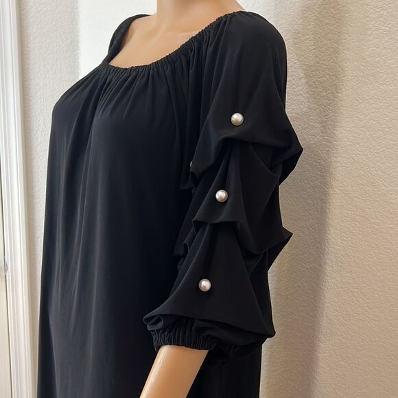 JBS Woman Dress Size 1X Scoop Elastic Neck On Off Shoulder Black White Pearls - Picture 4 of 8
